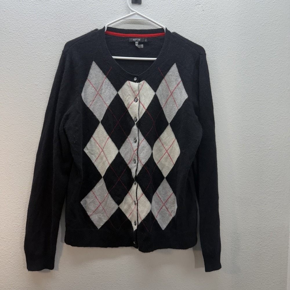 Apt 9 Womens Cashmere Argyle Cardigan Black XL Preppy Academia Old Money Sweater